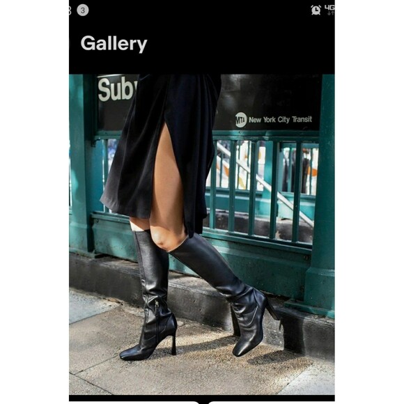 Nine West 40thAnnv Quincy Square Toe Black Leather Stretch Mesh Patent Boots sz6 - Picture 2 of 6